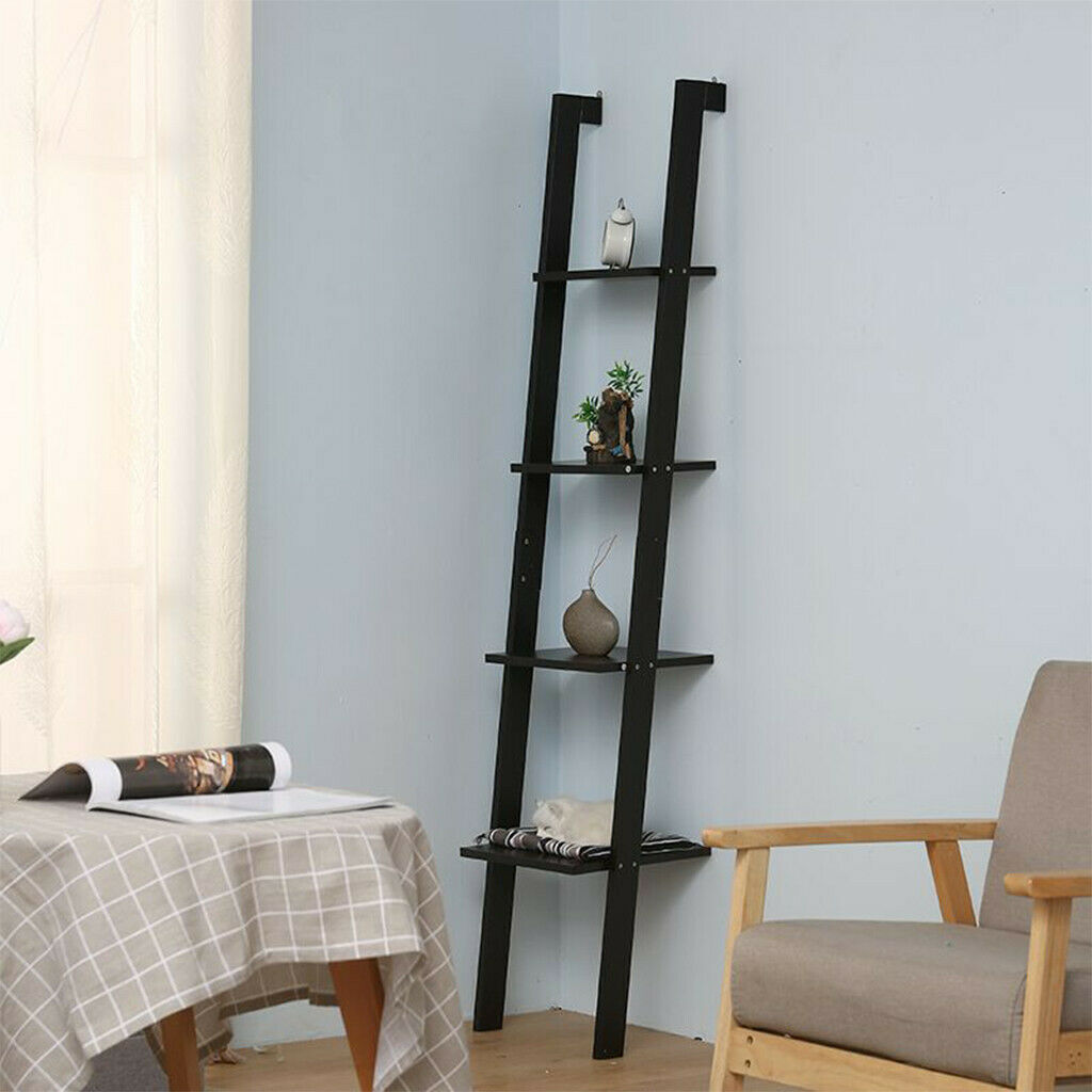 4-Tier Wood Ladder Shelf, Standing Wall Rack, Bookcase Display Shelf White Black