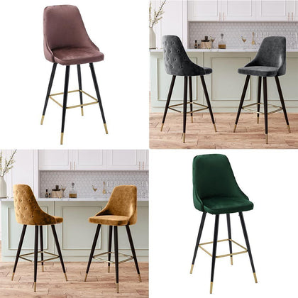 2PCS Velvet Upholstered Bar Stools Chairs Barstools Kitchen Counter Dining Seat