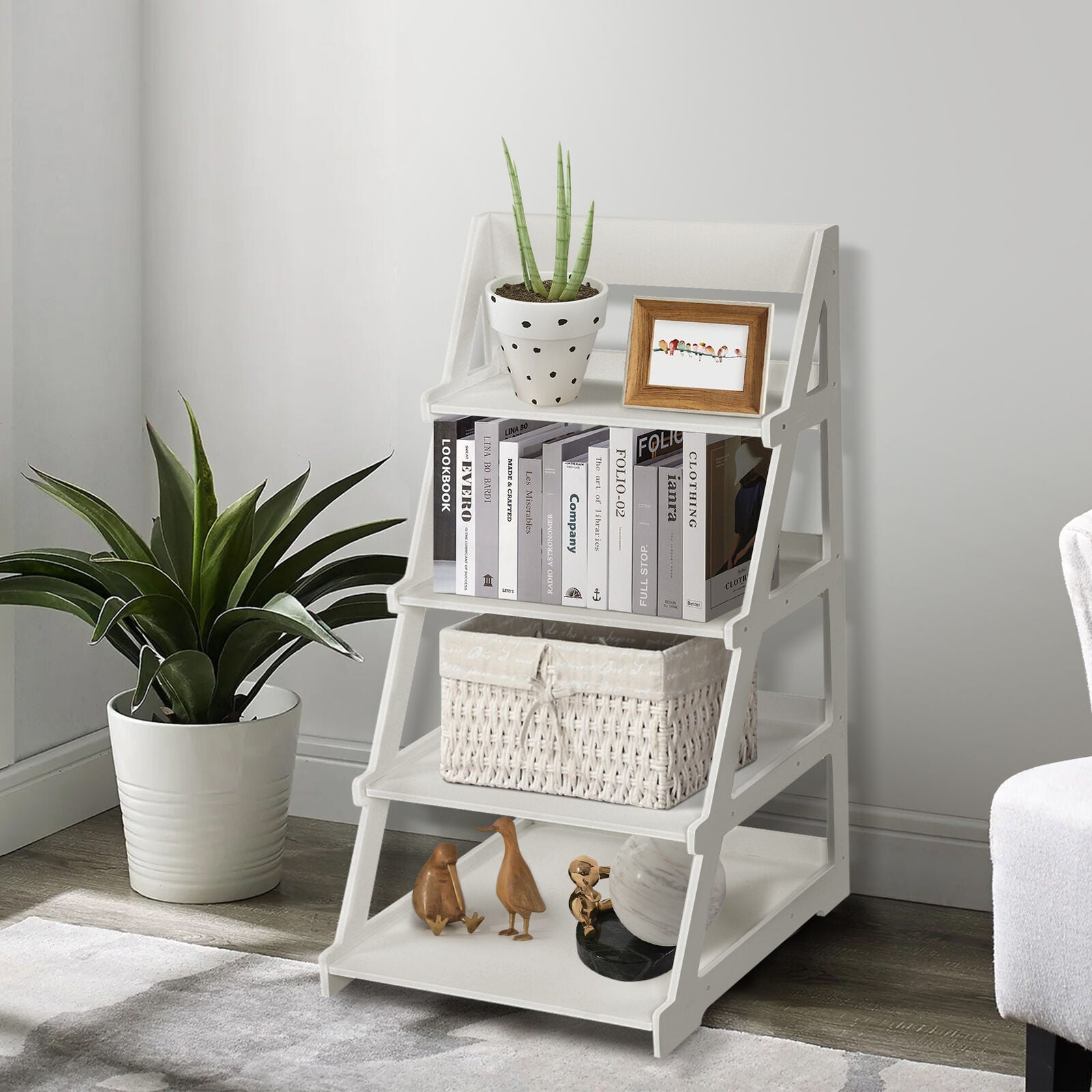 4 Tier Wooden Ladder Shelf Book Shelves Display Unit Free Standing UK Seller