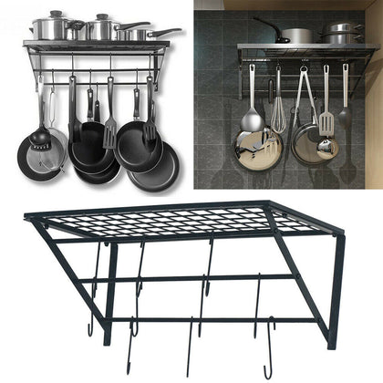 Hanging Kitchen Pot Pan Rack Storage Shelf Kitchenware Holder Hook Wall Mounted