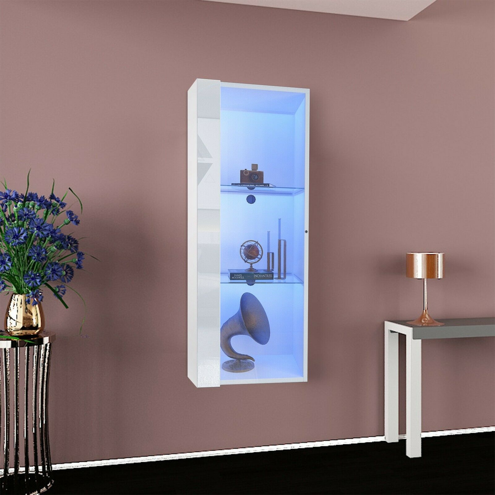 Modern High Gloss & Matt Floating Display Cabinet Wall Shelf Unit LED ...