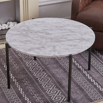 Marble Effect Coffee Table Round Metal Frame Wooden Tea Table Living Room Table