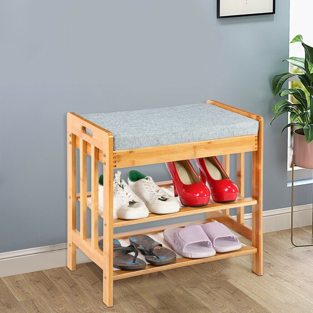 Bamboo Ottoman Shoes Storage Bench Shoe Cabinet Padded Seat