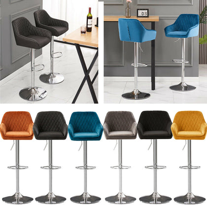 1/2/4X Bar Stools Gas Lift Swivel Stool Velvet Breakfast Chairs Metal Legs