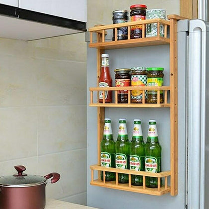 Spice Rack 3 Tier Fridge Storage Shelf Wooden Kitchen Side Rack Hanging Holder
