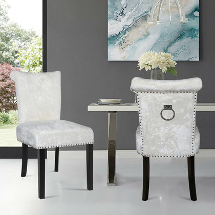 2PCS Crushed Velvet White Dining Chairs with Knocker/Ring Back Kitchen Furniture