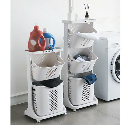 2/3 Tier Laundry Basket Trolley Cart Mobile Washing Clothes Sorter Bin Hamper