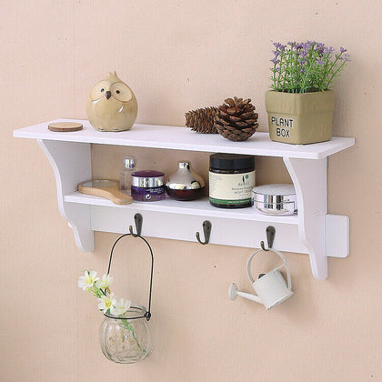 White Floating Wall Shelves Display Storage Shelf Wall Wood Unit Rack With Hooks