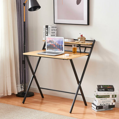 Folding Computer Desk Wooden Study Coffee Table with Shelf Laptop Home Office UK