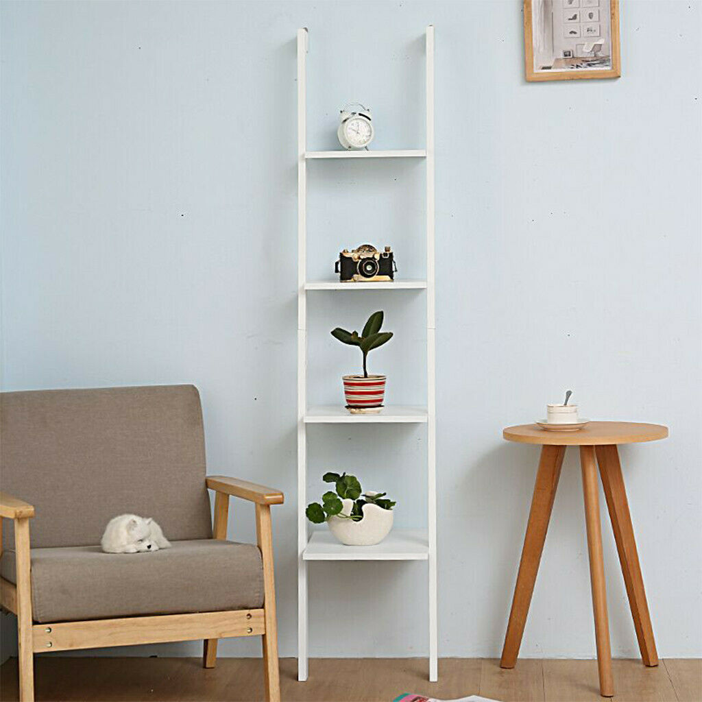 4-Tier Wood Ladder Shelf, Standing Wall Rack, Bookcase Display Shelf White Black