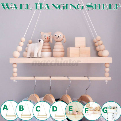 Wall Hanging Wood Rope Swing Shelf Shelves Storage Shelve Room Decor UK MA