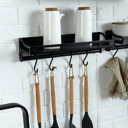 Metal Kitchen Organiser Hanging Shelf Pots Spices Rack Storage Holder w/ 6 Hooks