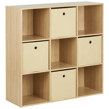 Hartleys Wood 9 Cube Shelving Display Unit 4 x Beige Fabric Storage Box Drawers