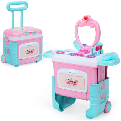 2 in 1 KIds Pretend Makeup Set Toddlers Princess Dressing Table Trolley Case