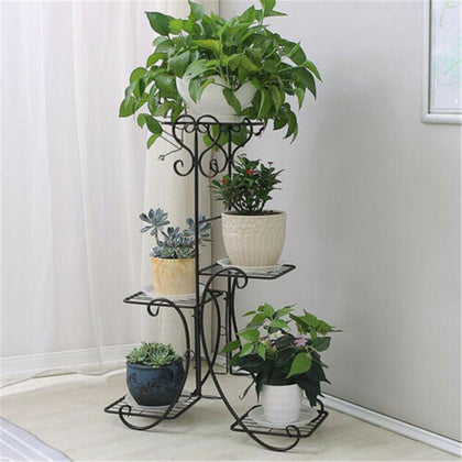 Slim Curve Shape Plant Stand Botanical Shelves 4 Square Pots Holder Room Garden