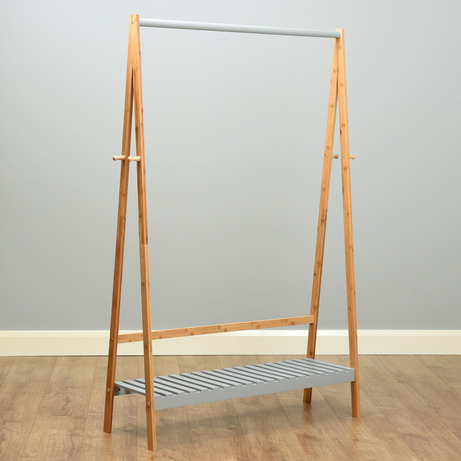 Hartleys Grey Wooden Clothes Rail Hanging Garment Rack Stand Shoe Storage Shelf