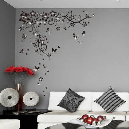 Walplus Wall Sticker Black Butterfly Vine Swarovski Crystals Home Decorations