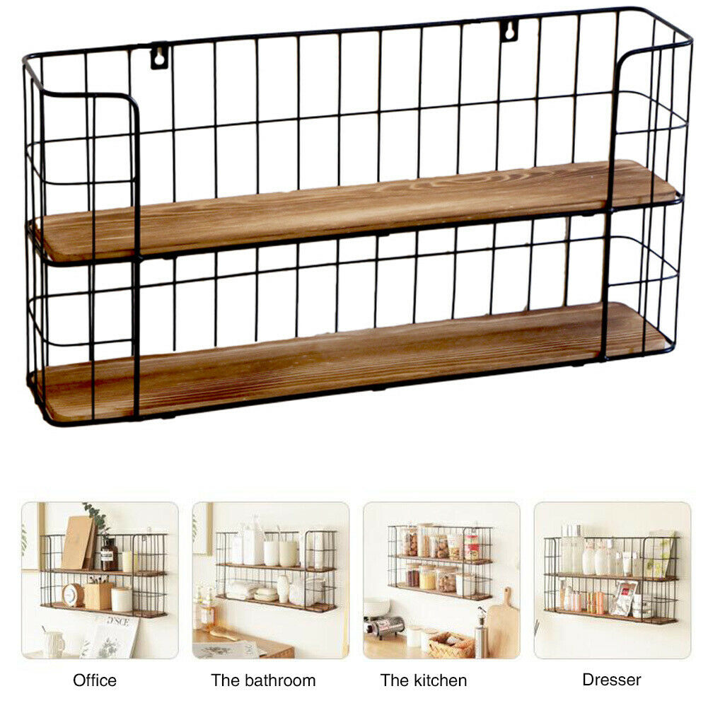 Retro Industrial Style Wall Shelf Shelving Unit Metal Wooden Storage Rack Black