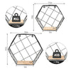2x Hexagon Wall Shelf Unit Wooden & Black Metal Wall Mounted Decorative Shelving