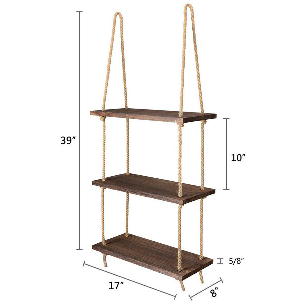 Nostalgic 3 Tier Shelf Wall Hanging Shelves Natural Rope Wooden Floating Shelves