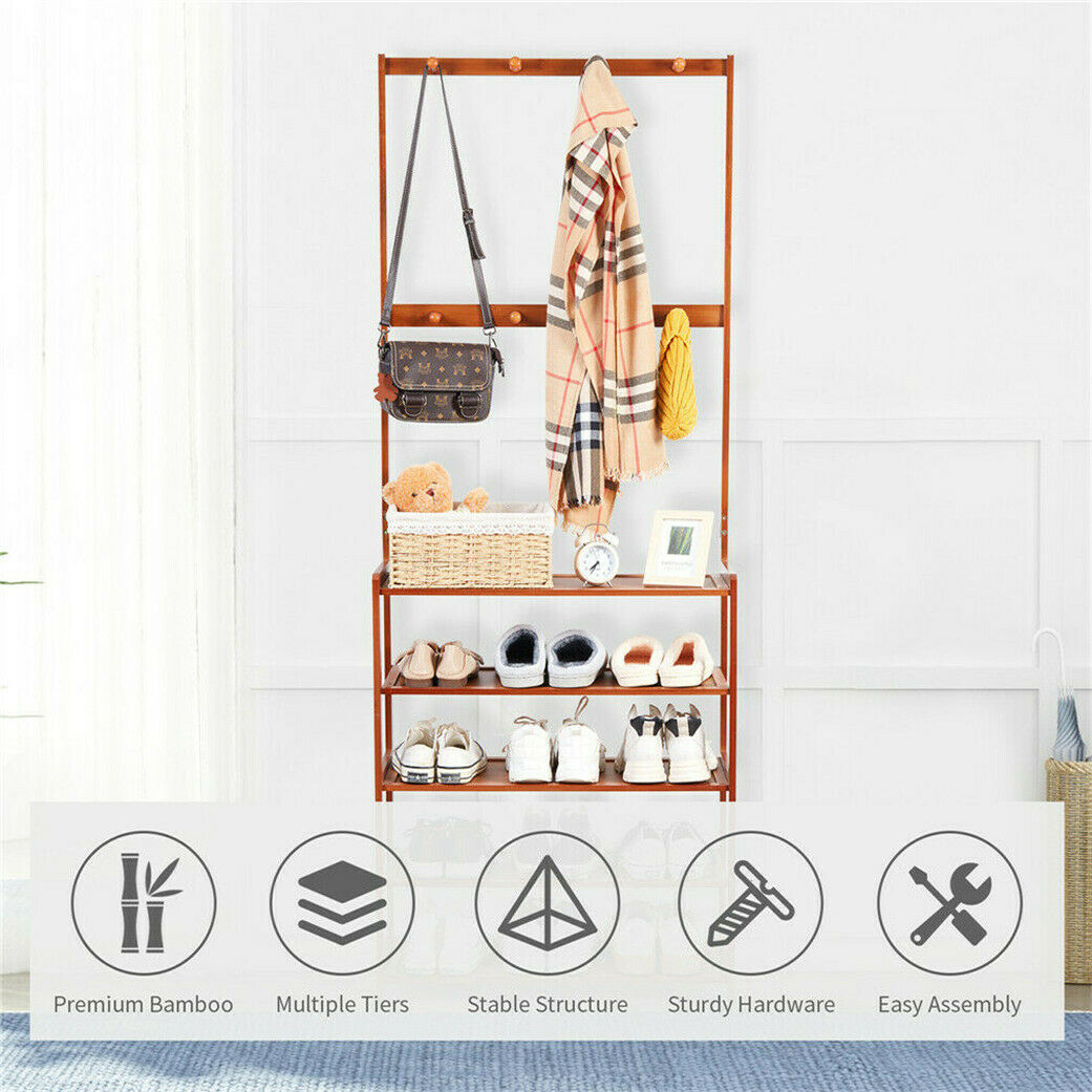 Retro Door Coat Rack Hooks with 5 Tier Shoe Shelves Integrated Storage Furniture