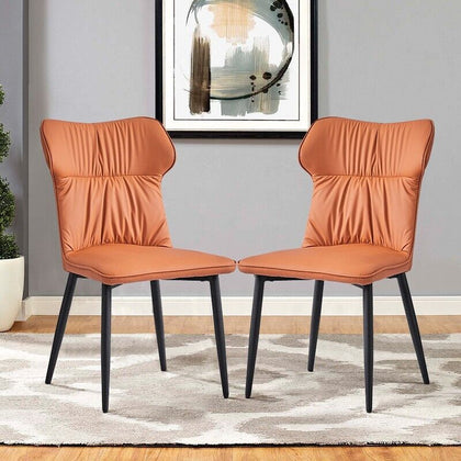 2Pcs Faux Leather Chairs High Backrest Metal Legs Dining Room Chair Orange