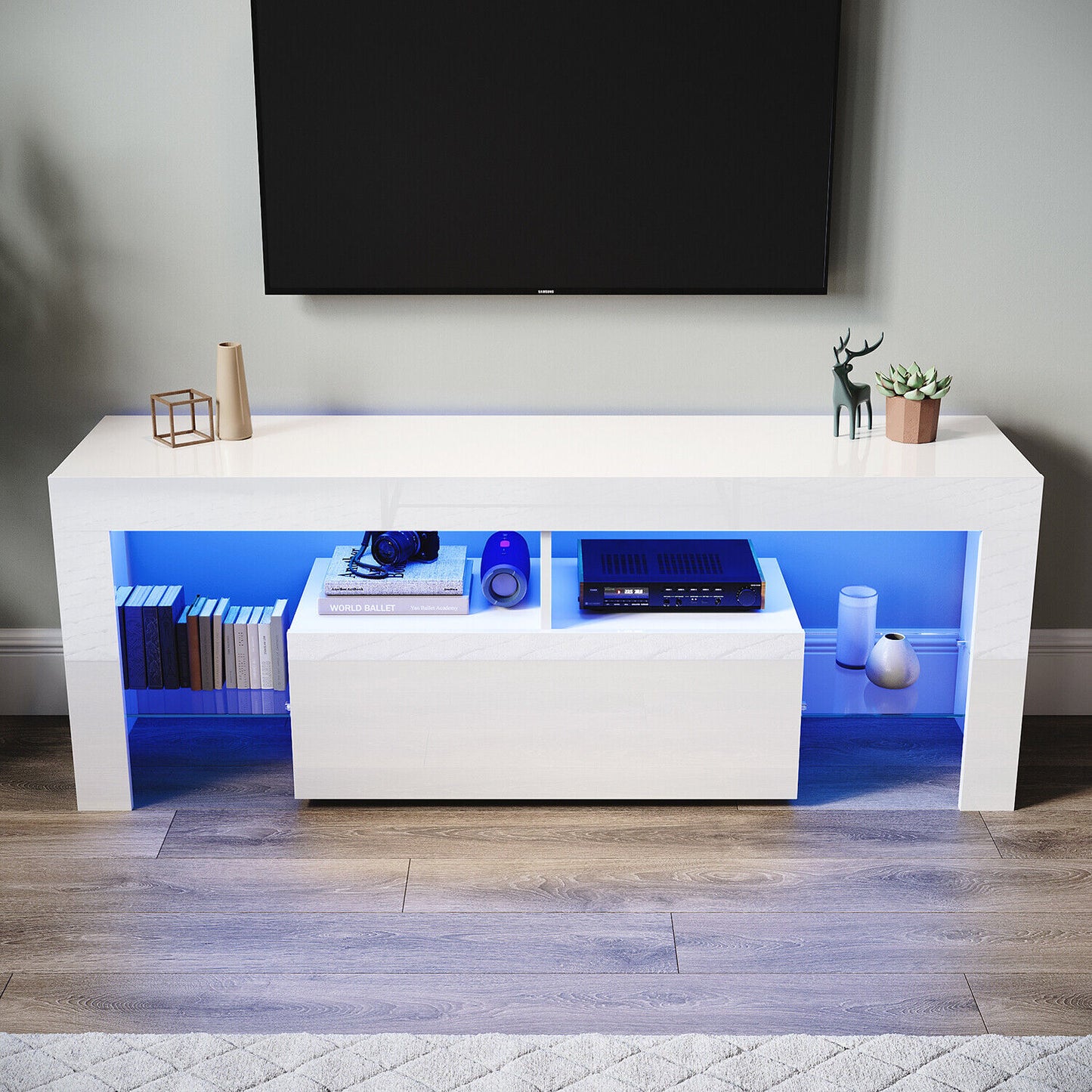High Gloss White 140cm TV Stand Cabinet Unit Drawer Sideboard with LED Lights