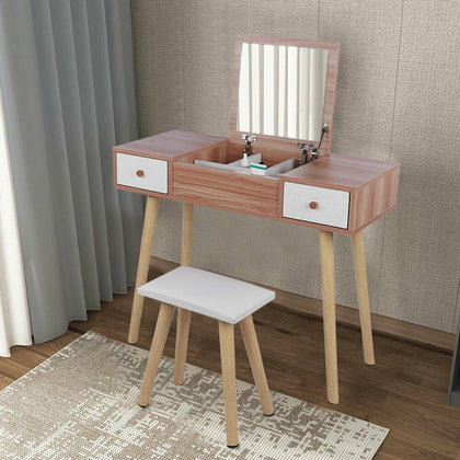 90 cm Dressing Table Vanity Makeup Desk with 2 Drawers 1 Mirror Set and 1 Stool