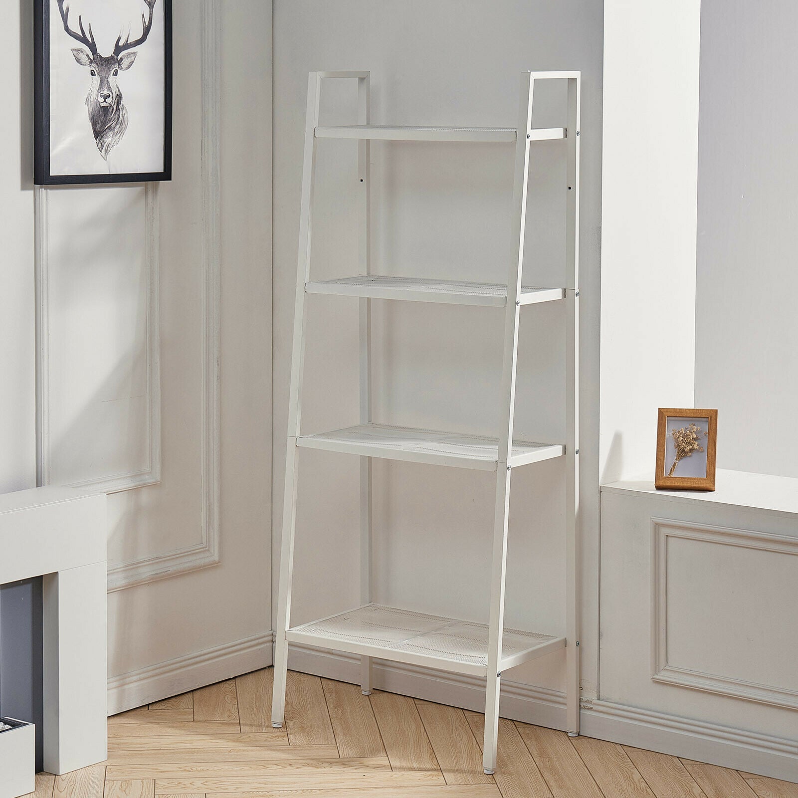 Metal Ladder Shelving 4 Tier Tall Bookshelf Plant Stand Storage Shelf Unit White