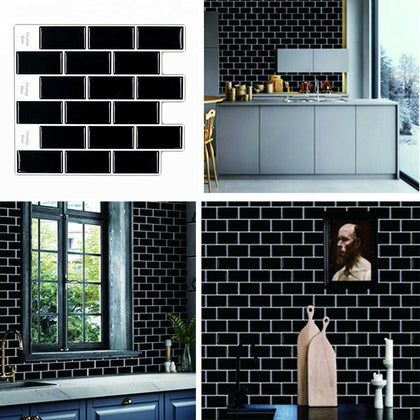 Black 3D Mosaic Brick Decal Kitchen Bathroom Shelf Adhesive Wall Tiles Stickers