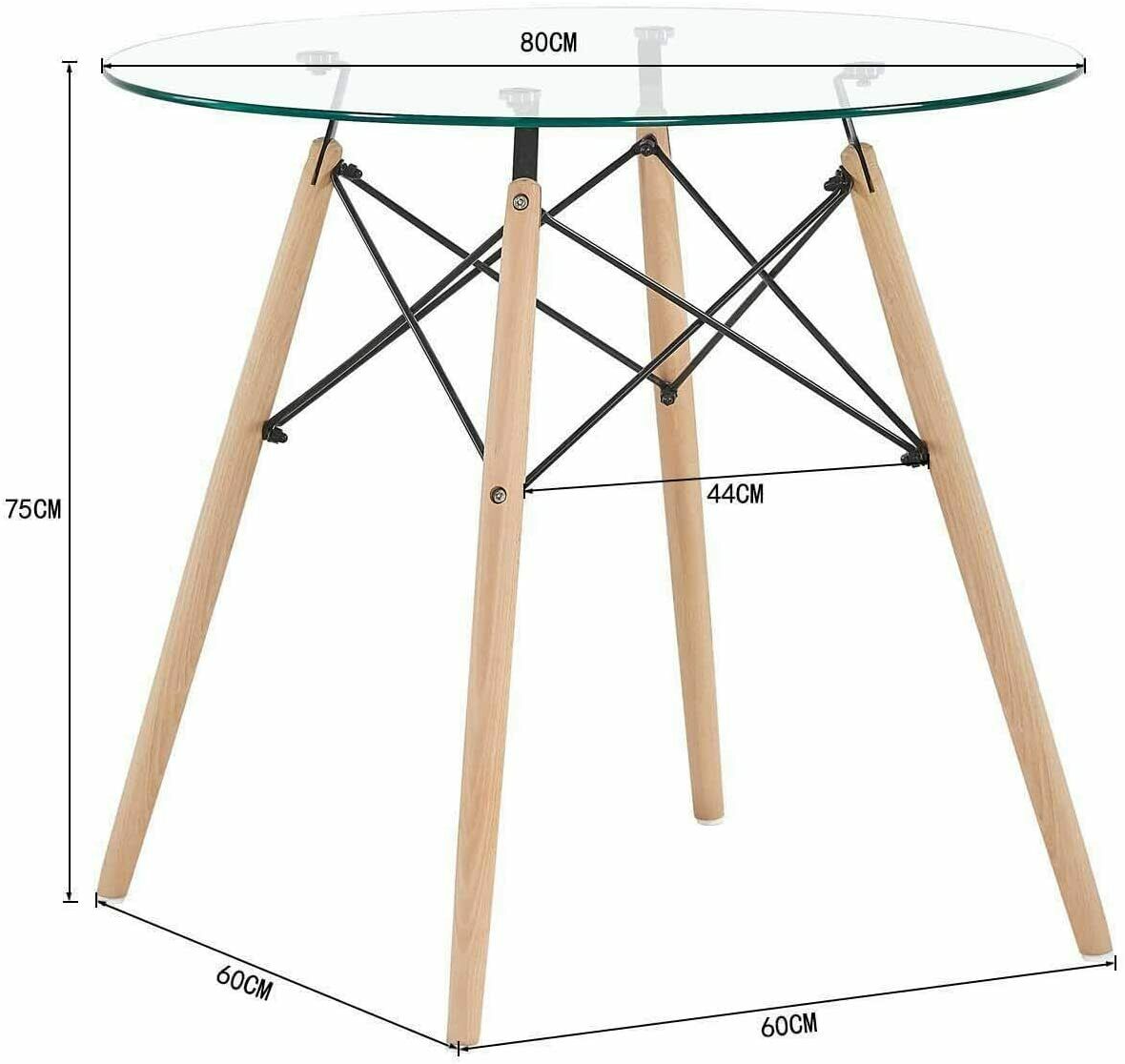 Round Dining Table, Scandinavian Glass Top Kitchen Table with Solid Beech Legs