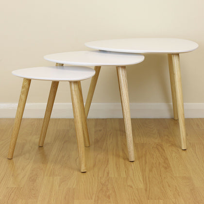 White & Wood Scandinavian Modern Set of 3 Living Room Nested Coffee/End Tables