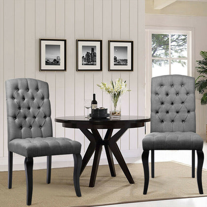 2PCS Chesterfield Fabric Dining Chair Button Backrest Chairs High Back Wood Legs