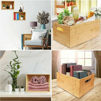 BAMBOO WOOD FOOD STORAGE BOX TRAY ORGANIZER TIDY BIN GRIP HANDLE CUPBOARD SHELF