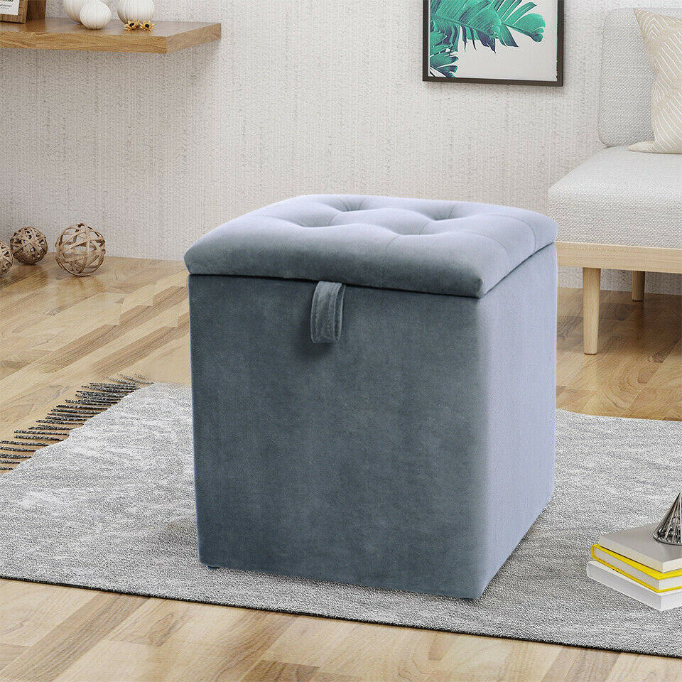 Cube Velvet Bedroom Ottoman Foot Stool Storage Box Seat Bin