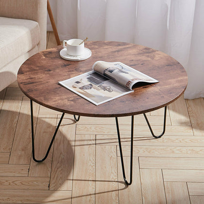 Short Round Coffee Table Rustic Wooden Sofa Side Tea Table w/ Metal Hairpin Legs