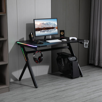 Computer Gaming Desk Metal Frame w/ LED Light, Cup Holder Headphone Hook Black