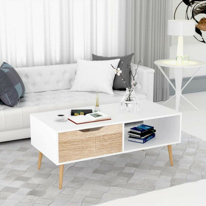2 Tier Modern Coffee Table Rectangle Wood Living Room Storage Shelf 1 Drawer