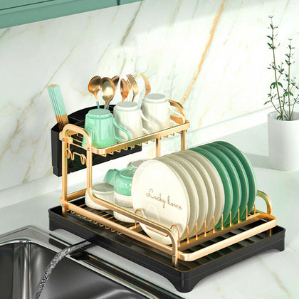 2 Tier Kitchen Dish Drainer Rack with Drip Tray Cutlery Holder Plate Rack Sink