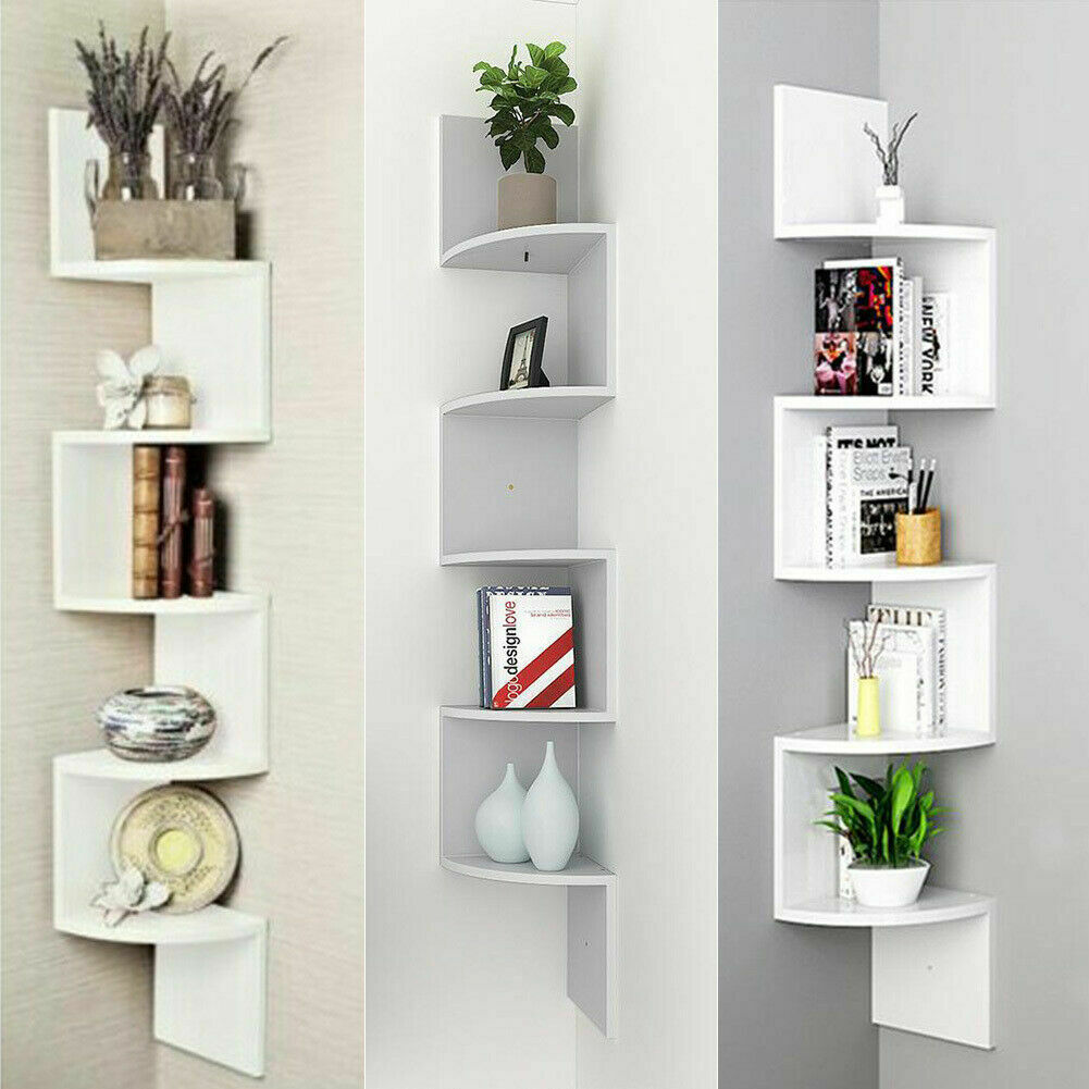 3/5 Tier Floating Wall Shelves Corner Shelf Storage Wood Display Bookcase Decor