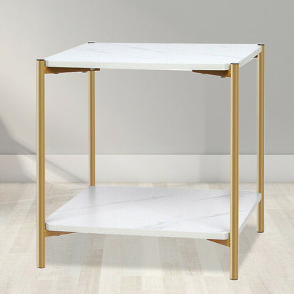 Modern Side Table Coffee Table 2 Tier Marble Effect Bedside Stand With Metal Leg