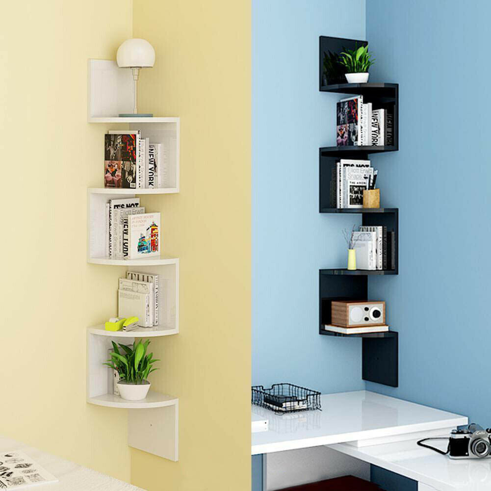 5 Tier Floating Wall Shelves Corner Shelf Storage Display Holder Bookcase Set