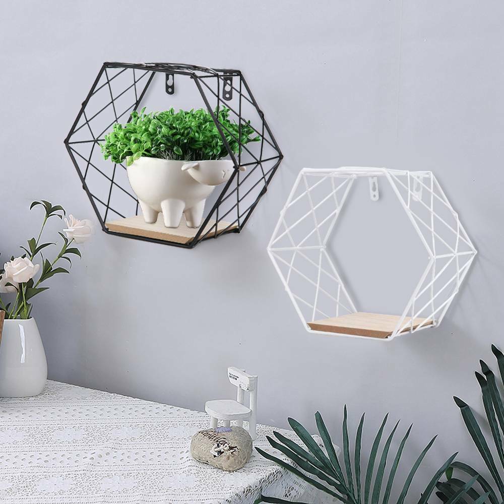 Geometric Hexagon Wall Wire Shelf Storage Holder Wood Rack-Shelves Trelli Design