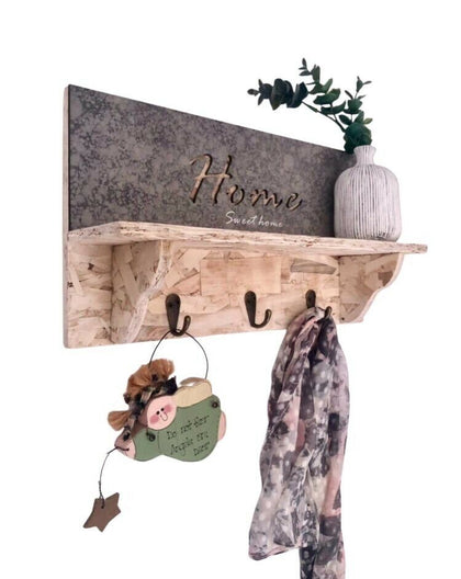 Rustic Wall Mounted Shelving Unit Vintage Wood Shelf Hooks Storage Rack Holder