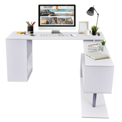 HOMCOM 360° Rotating Corner Desk Storage Shelf Combo Workstation L-Shaped White