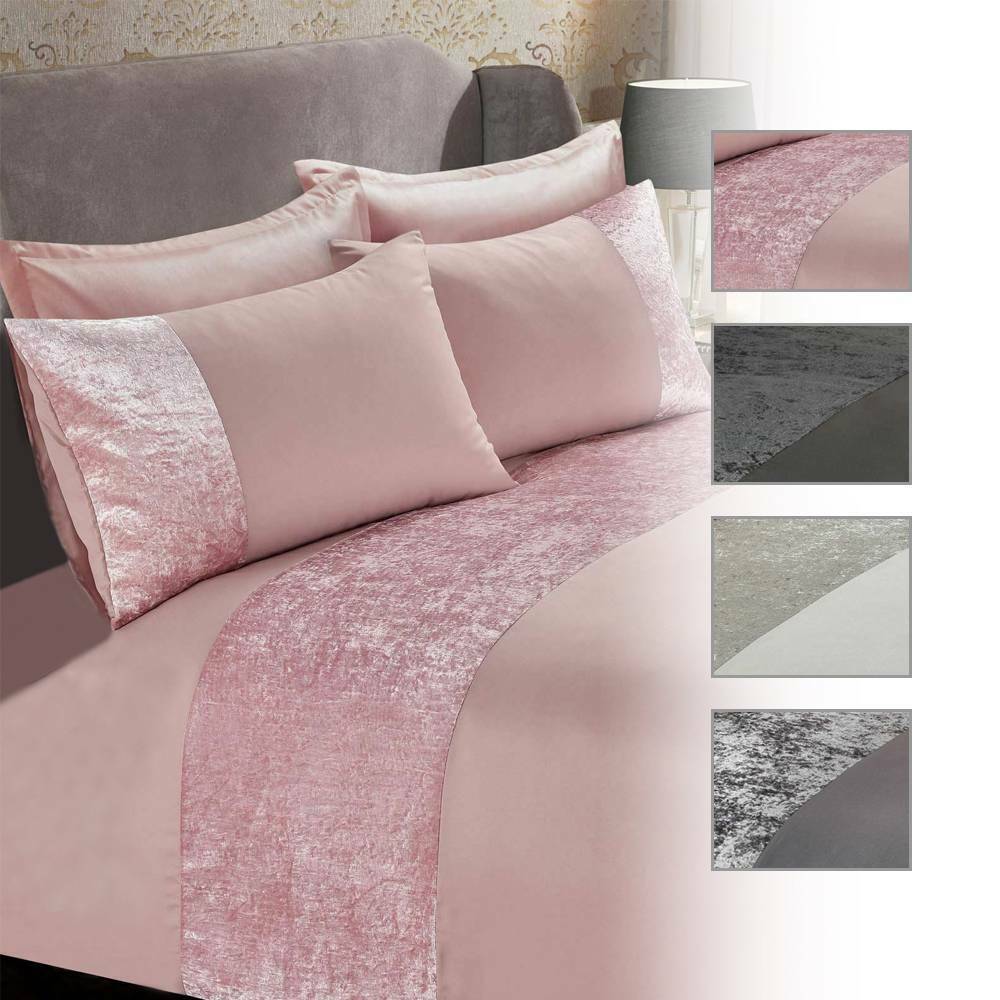 Modern Crushed Velvet Panel Duvet Cover with Pillow Case Bedding Set Silver Grey