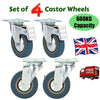 Set of 4 Heavy Duty 100mm Trollry Rubber Swivel Castor Wheel Caster Brake 600KG