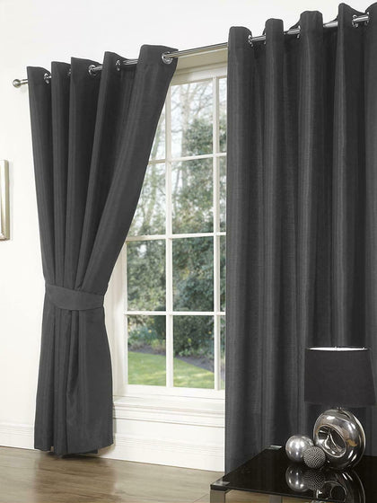 Slate Grey Faux Silk Curtains Pair Eyelet Ring Top Heading Lined Tiebacks Set