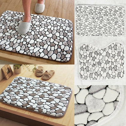 2PCS PEBBLES BATH & PEDESTAL MAT SETS NON SLIP SOFT LUXURY BATHROOM RUGS