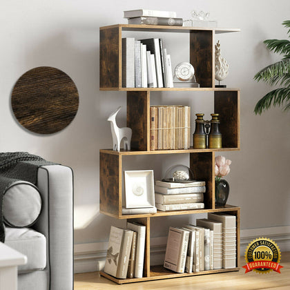 4 Tier Display Wooden Bookcase Rustic S Shape Shelf Storage Bookshelf Furniture